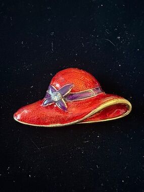 Red Enamel Hat Brooch with Purple Accent and Crystal